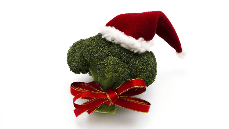 Head of broccoli with a Christmas ribbon and Santa hat on it