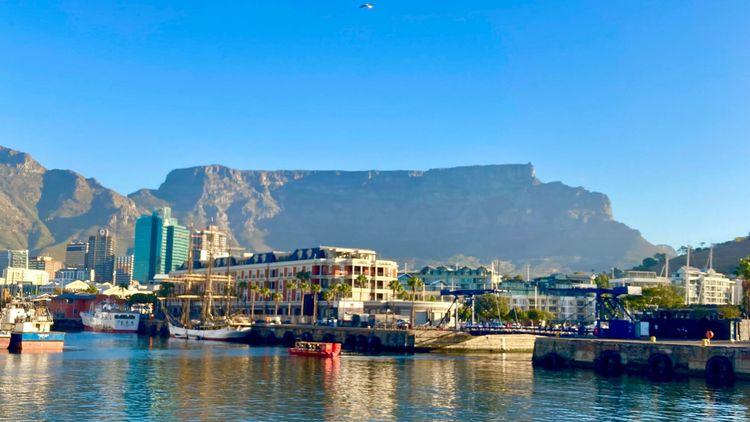 Table Mountain behind Port of Cape Town, South Africa 