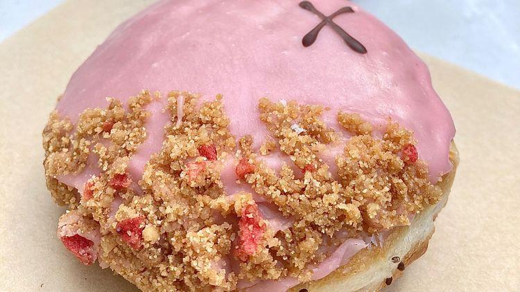  Pink vegan doughnut with crumble topping from Crosstown, Soho